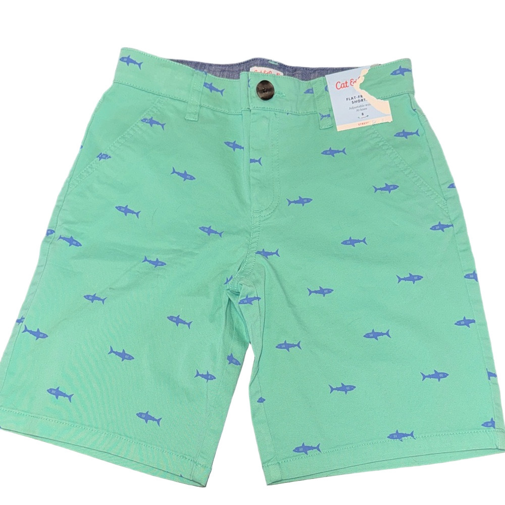 Cat & Jack Green Flat Front Knee Length Adjustable Waist Shark Shorts NWT